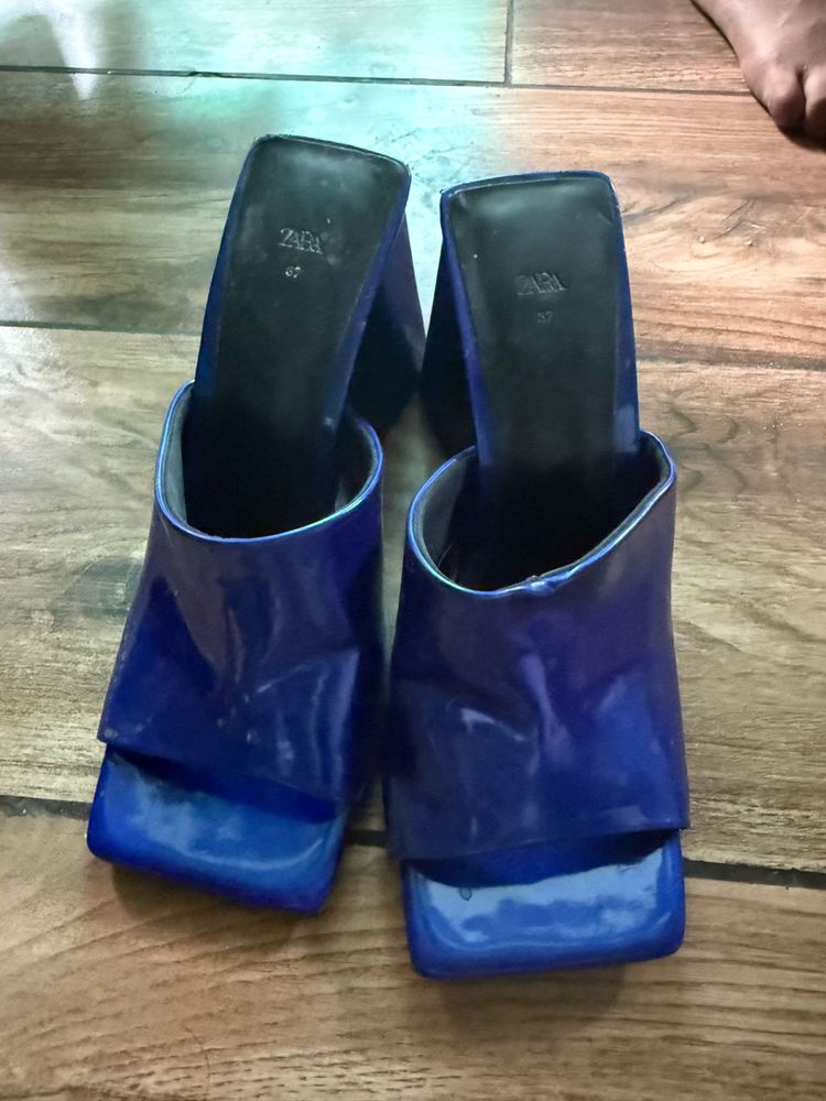 Blue Patent Block Heel Mules
