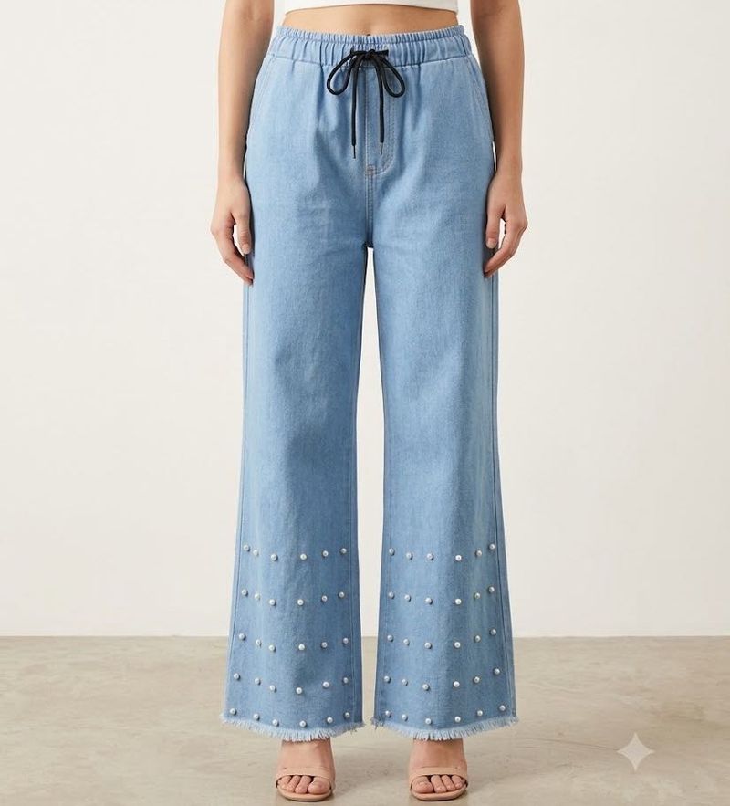Pearl Embellished Denim Capris
