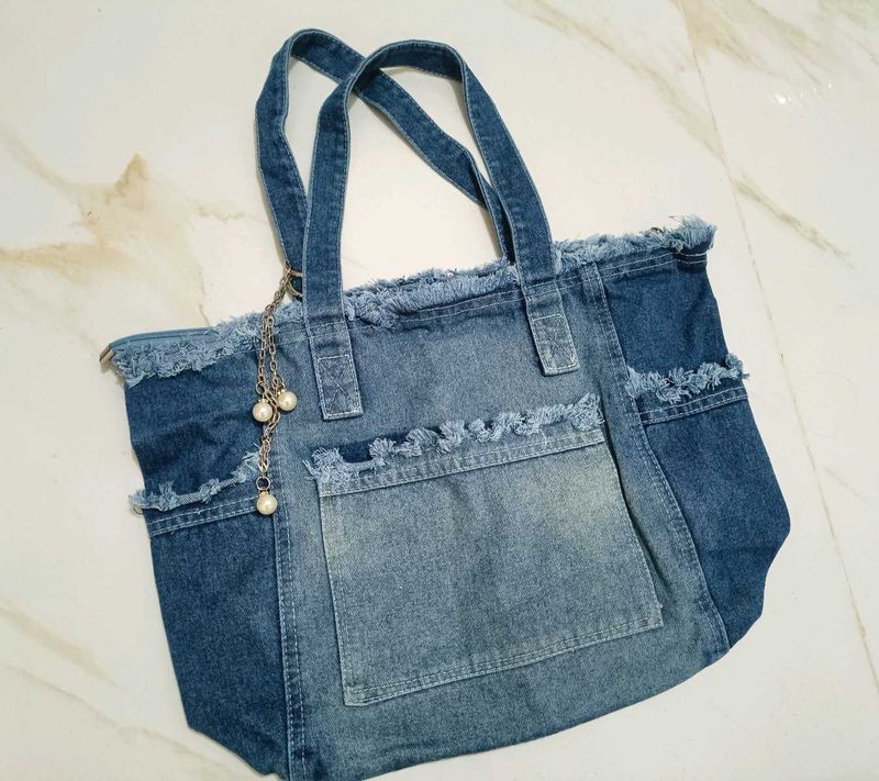 Denim Tote Bag with Pearl Charm