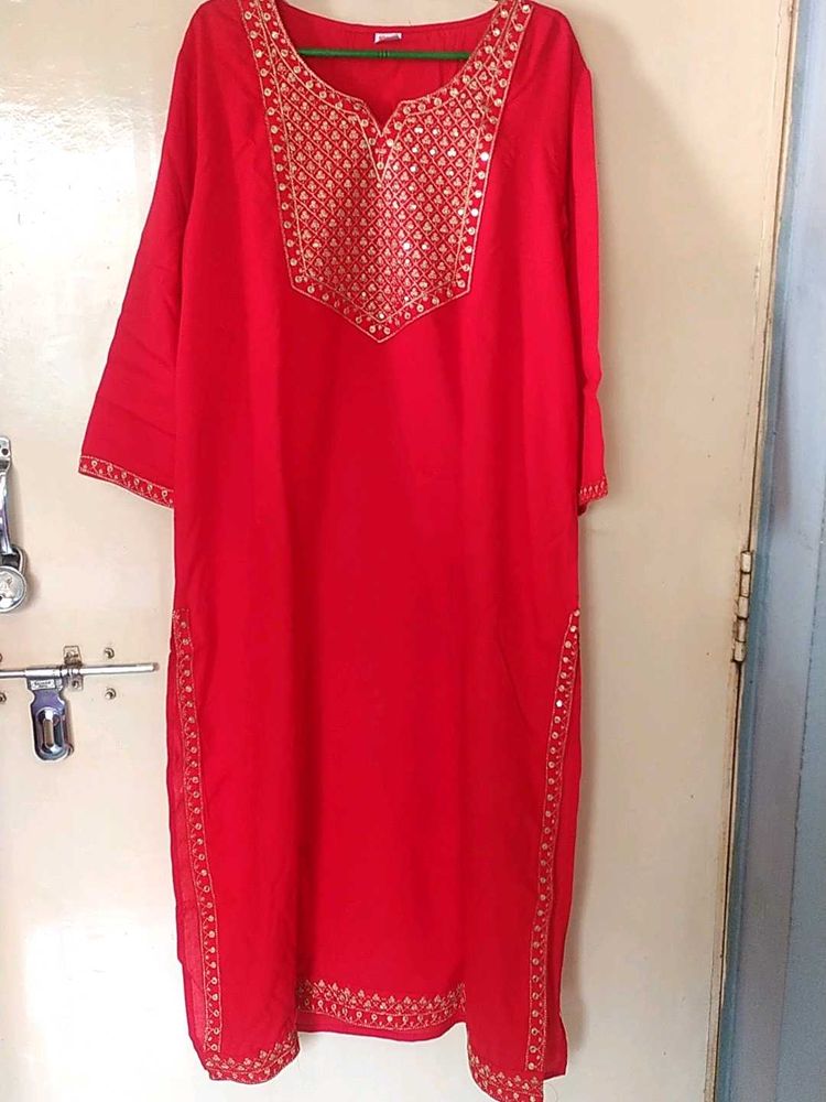 Red Embellished Kurta