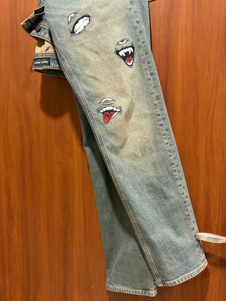 🎋Hand Painted Vintage Wash Jeans