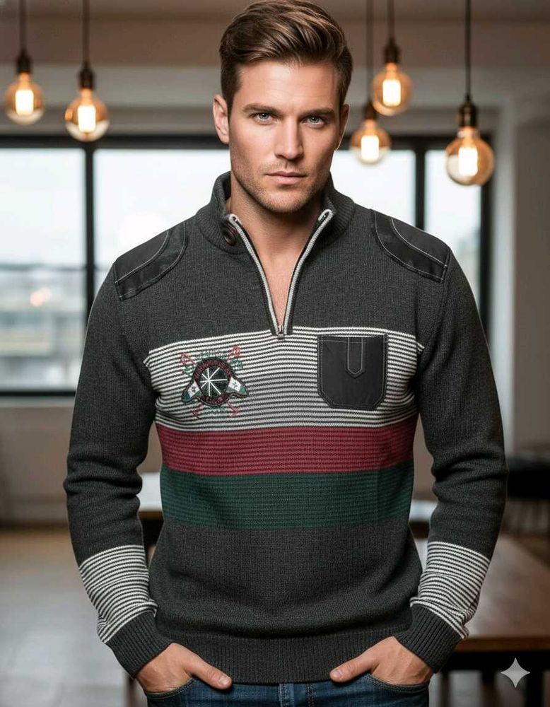 Stylish Striped Pullover Sweater With Zip Detail