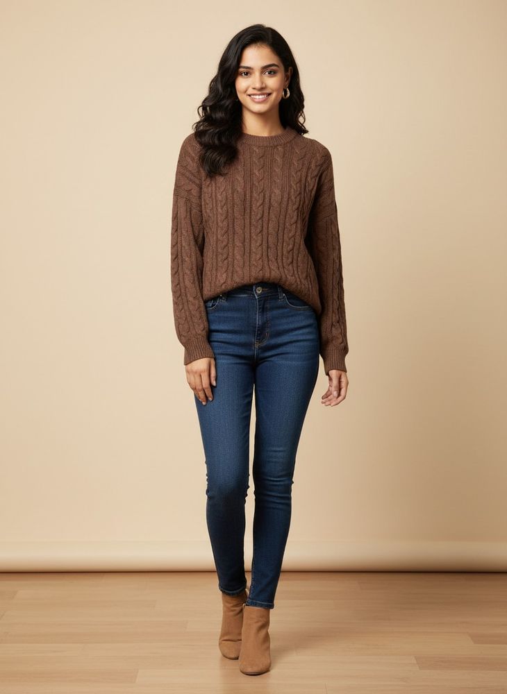 Brown Cable Knit Pullover Sweater