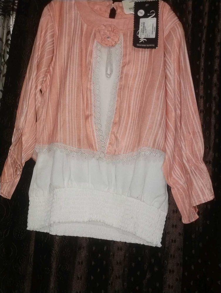 Peach Striped Lace Trim Top