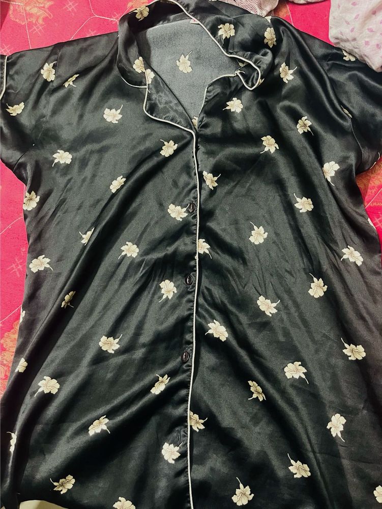 Black Floral Satin shorts with Top