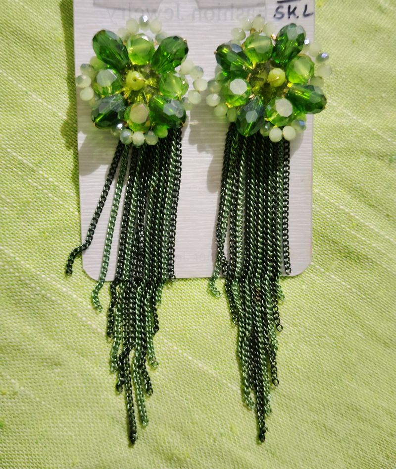 Sparkling Green Gem &amp; Chain Tassel Earrings