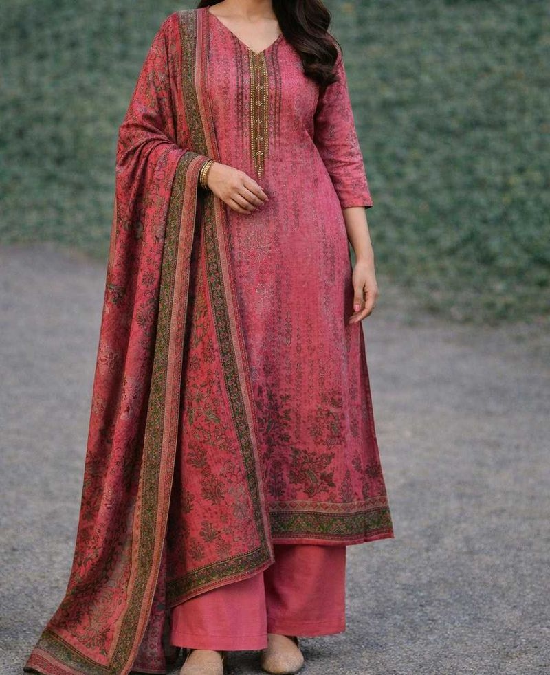 SEMI- WOOLEN PINK KURTA SET WITH DUPATTA