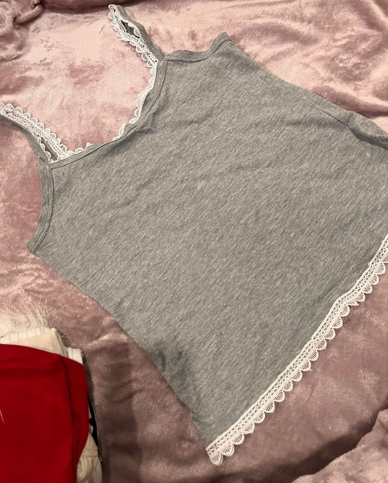Grey Lace Trim Tank Top