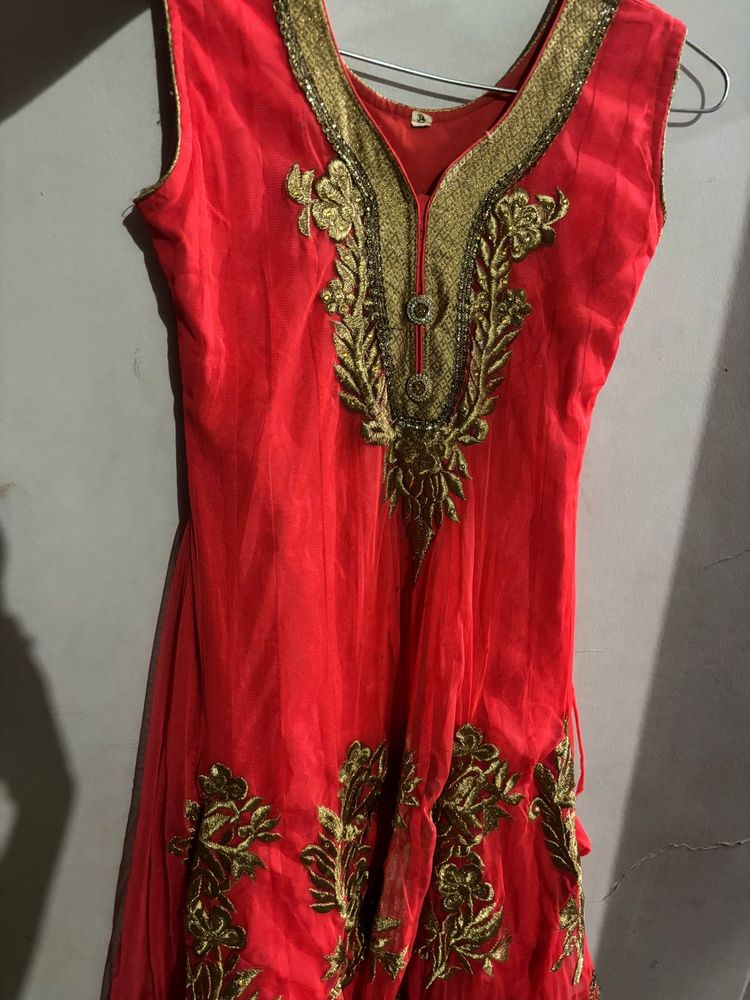 Vibrant Red Kurta Set with Gold Embroidery