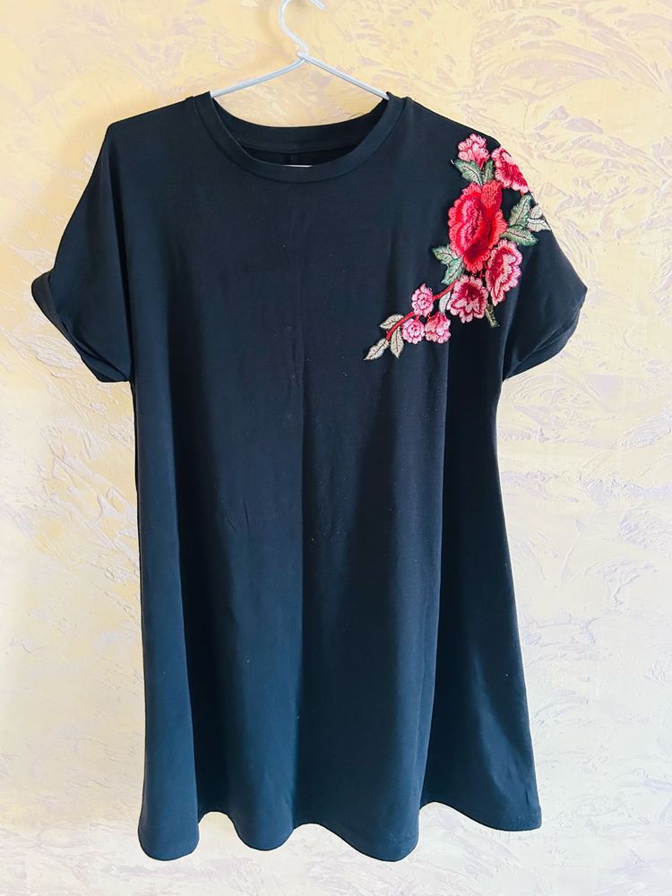 Black T-Shirt with Floral Embroidery