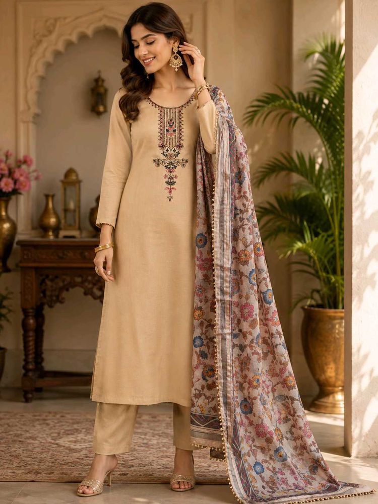 Elegant Beige Embroidered Kurta Set with Scarf
