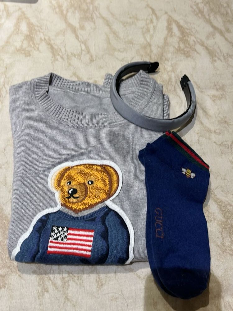 Cute Bear Graphic Sweater(with hairband&amp; socks)