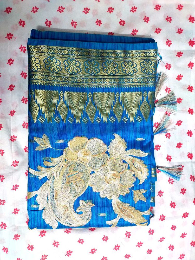 Vibrant Blue Saree with Gold Embroidery