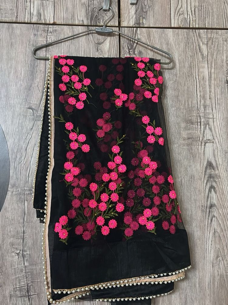 Black Net saree with Pink Floral Embroidery
