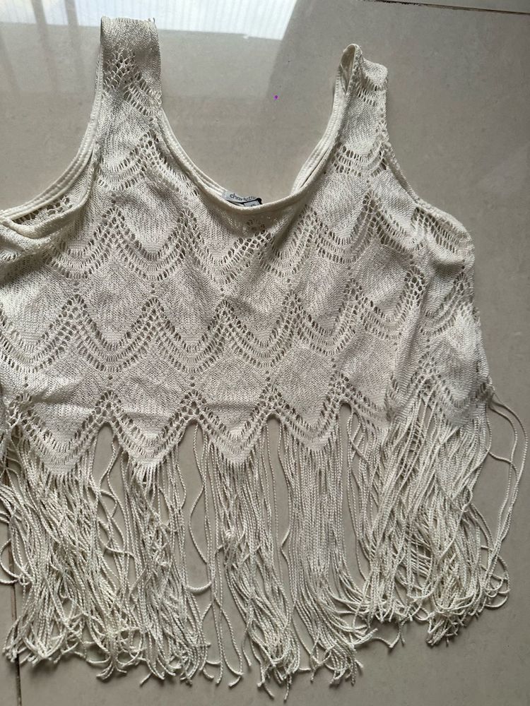 Cream Crochet Fringe Tank Top