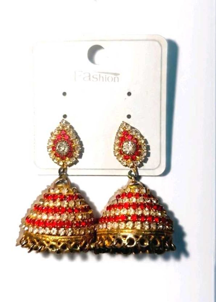 Red &amp; Gold Jhumka Earrings