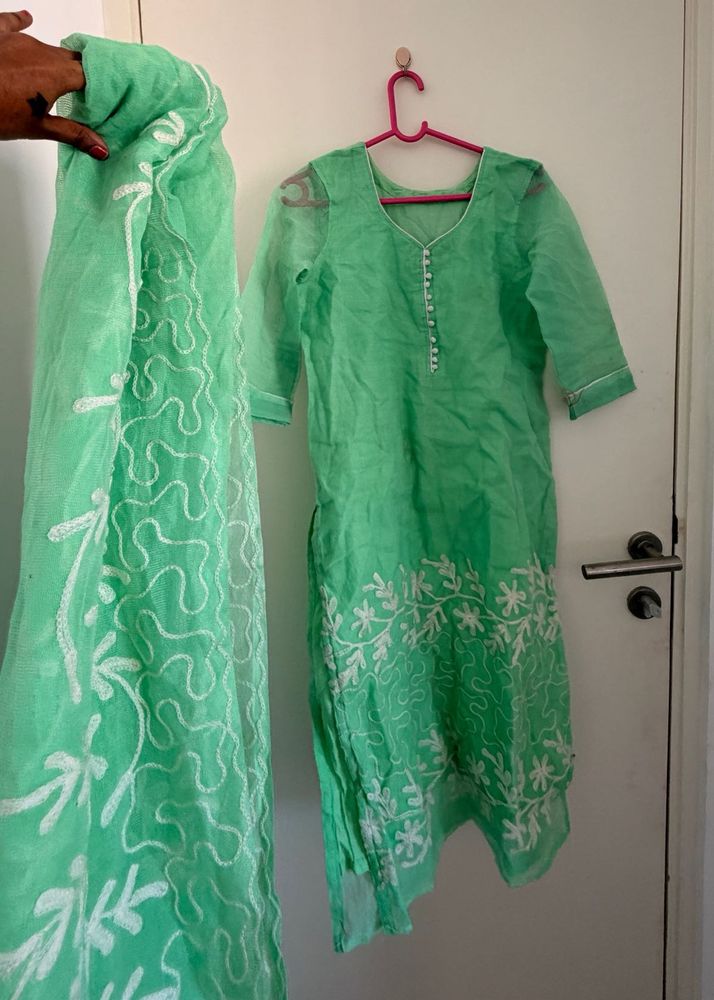 Mint Green Kurta with Dupatta hand stitch