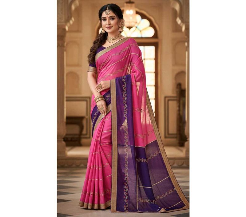 NEW Pink Blue Embroided Saree with Blouse