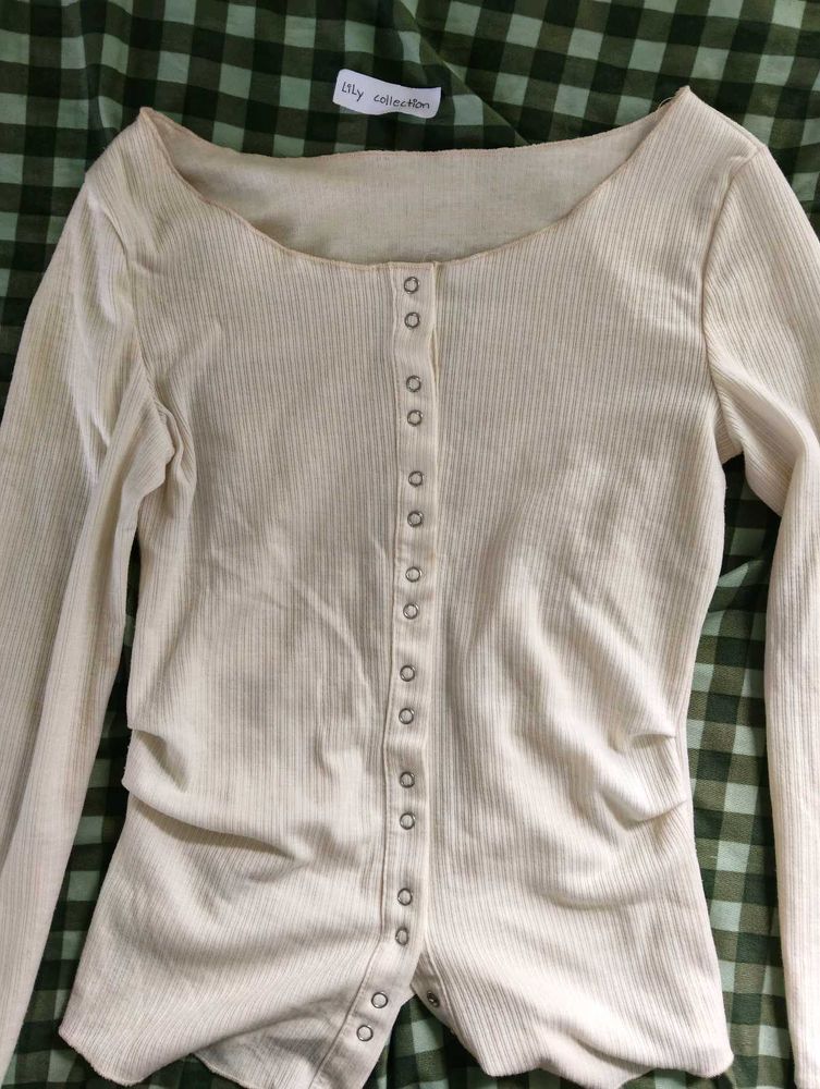 Cream Ribbed Button-Up Long Sleeve Top