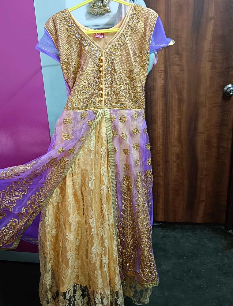 Gorgeous Gold &amp; Purple Embroidered Anarkali