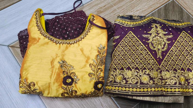 Elegant Yellow &amp; Purple Embroidered Outfit