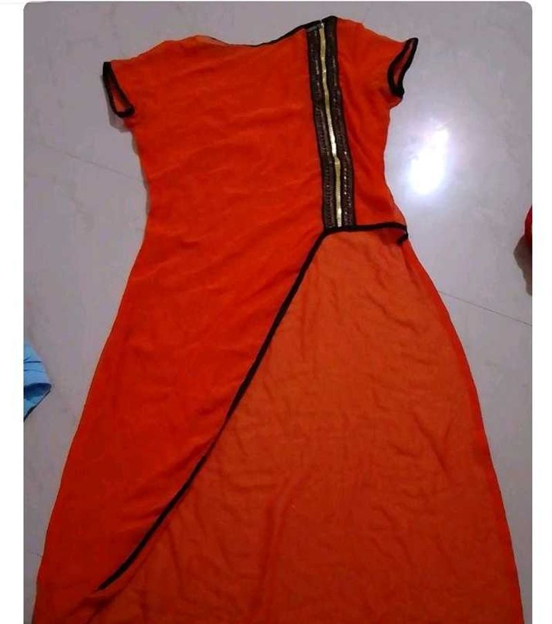 Orange Ethnic Kurta with Embellished Panel