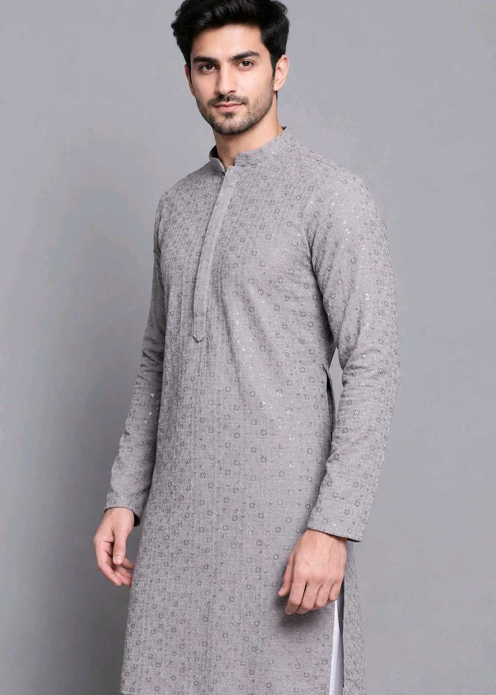 Men's Grey Embroidered Kurta