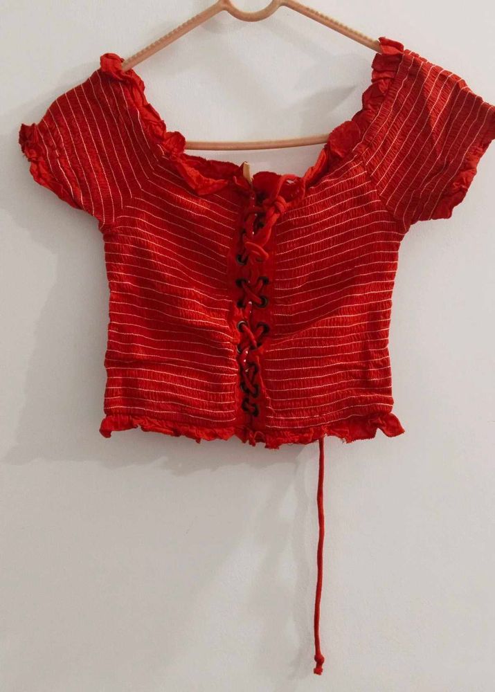 Red Striped Lace-Up Crop Top