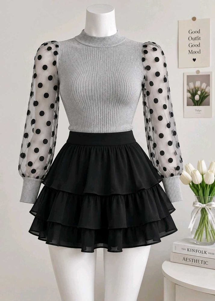 Grey Polka Dot Mesh Sleeve Top