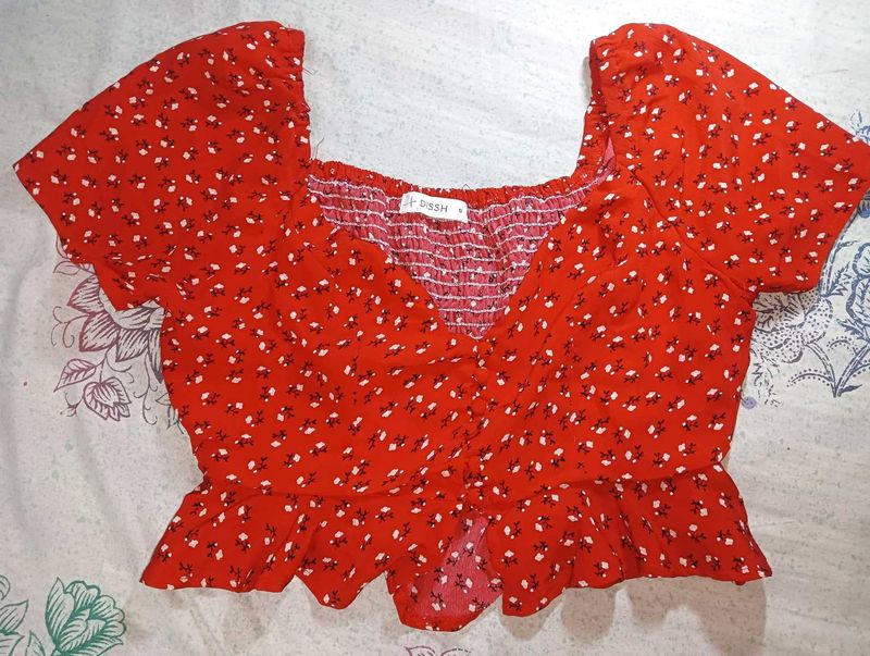 Chic Red Floral Print Peplum Top