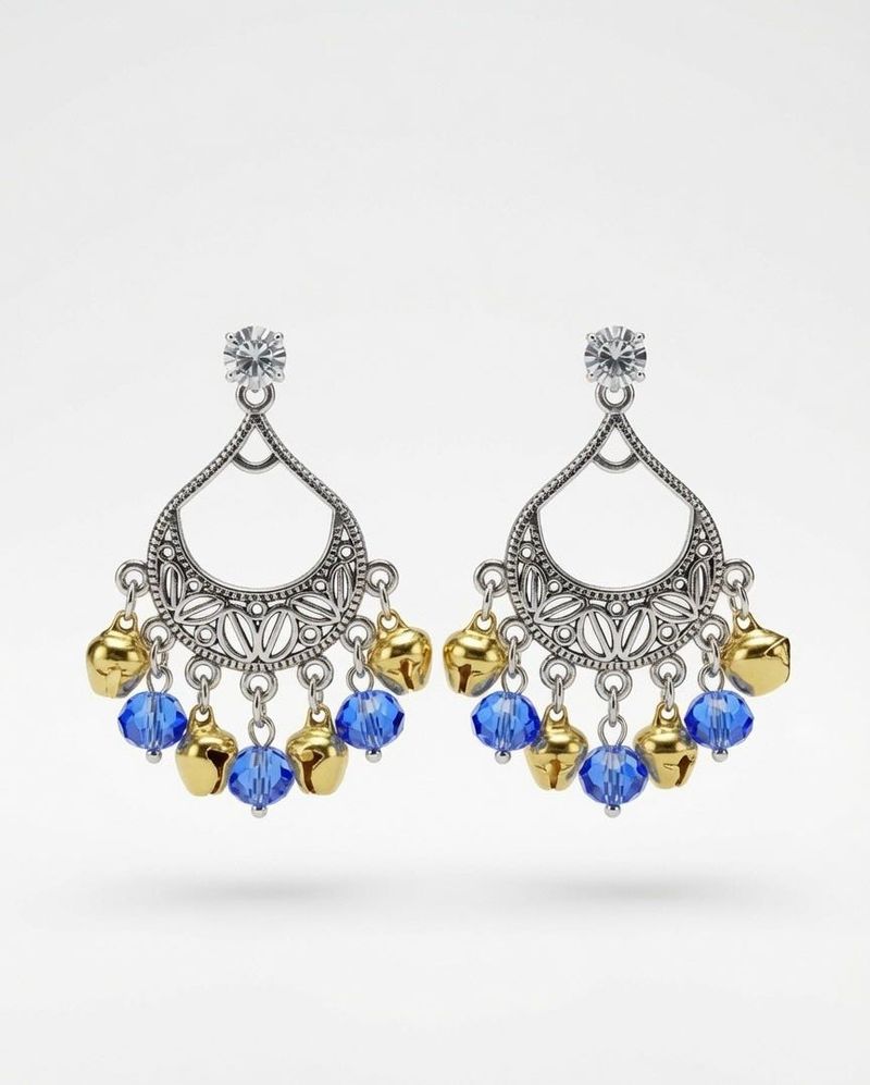 Bohemian Blue Bead &amp; Bell Dangle Earrings