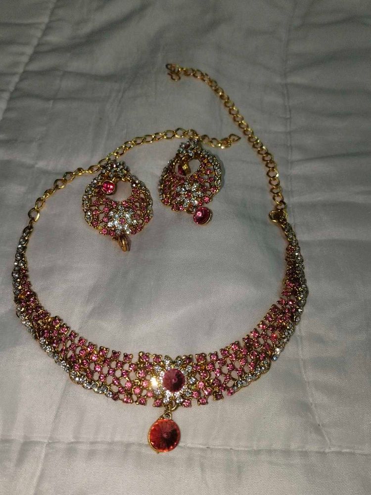 Exquisite Pink Stone Necklace &amp; Earring Set