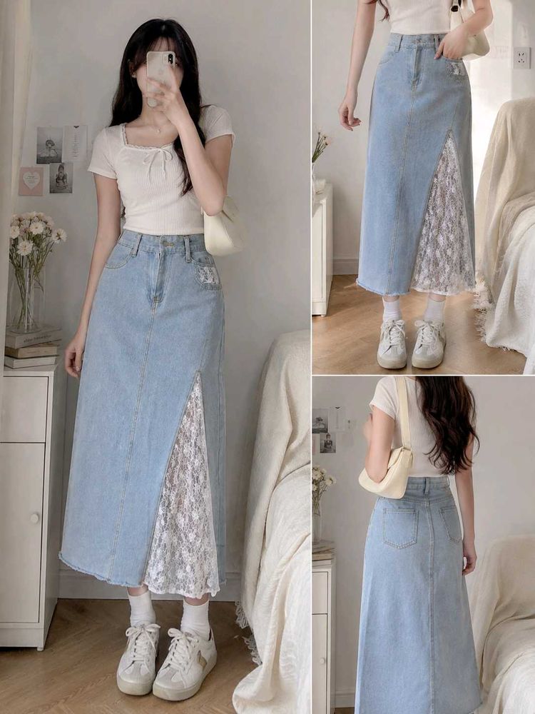 ⊹♡ Light Blue Denim Lace-Detail Midi Skirt 🩵🪽