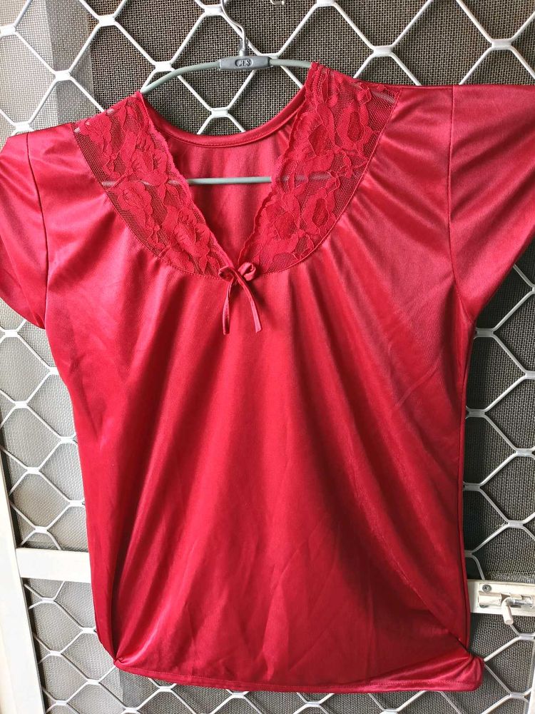 Red Satin Nightie with Lace Trim