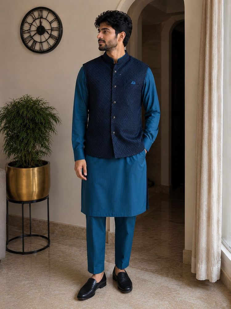 Teal Men’s Kurta Pyjama with Nehru Jacket Set