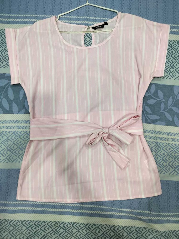 Women's Pink Striped Tie-Waist Top