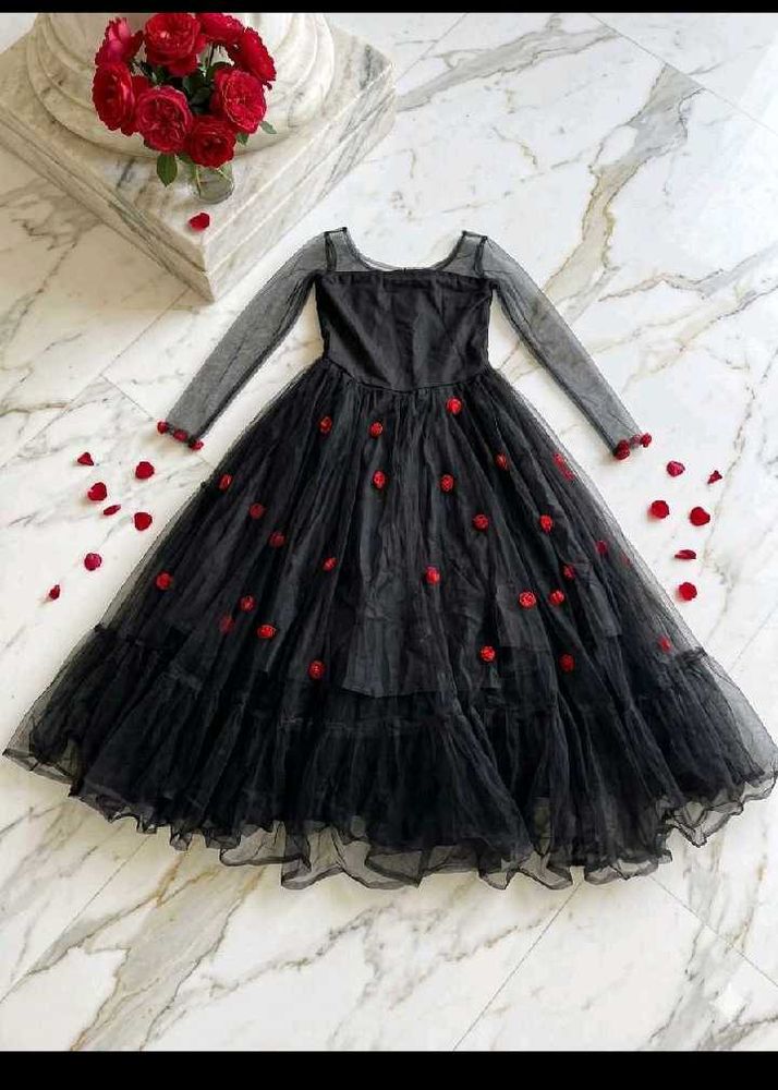Black Tulle Rose Embellished Maxi Dress