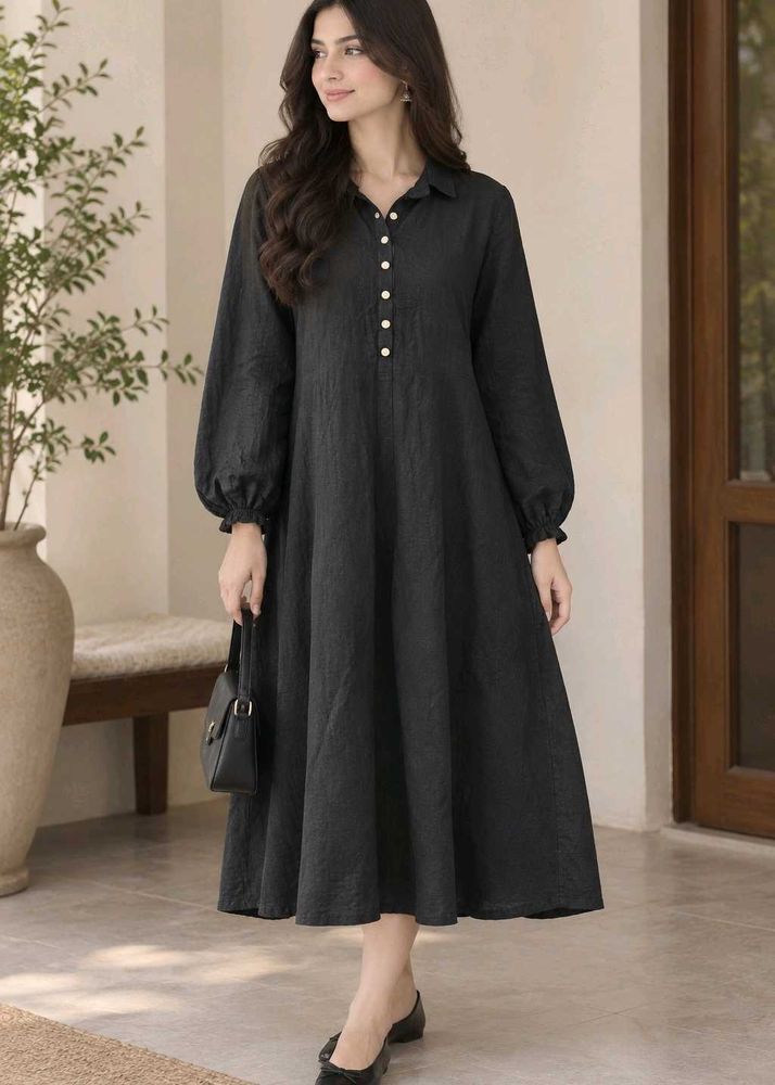 Elegant Black Collared Midi Dress