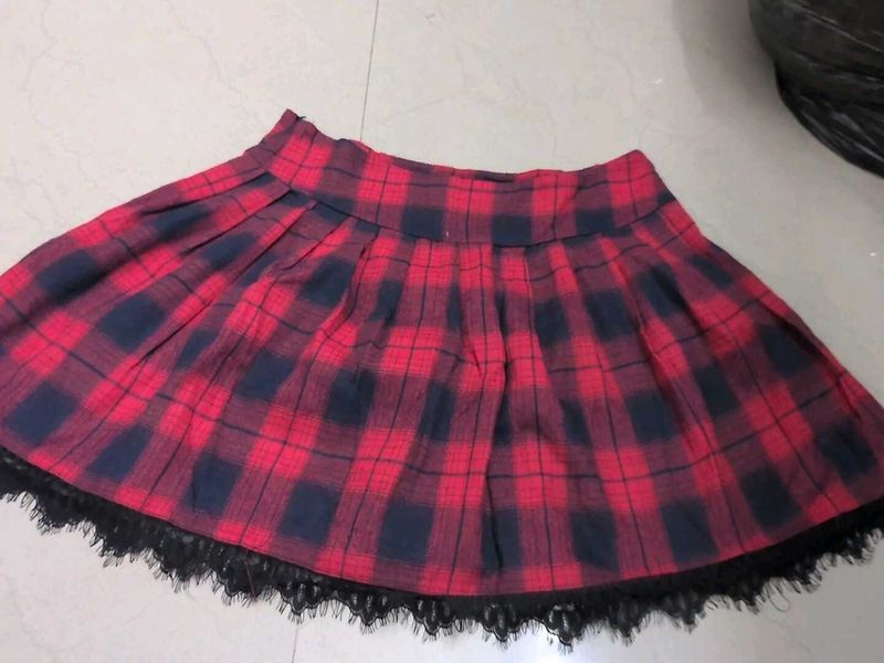 Punk/Grunge Red Plaid Skirt with Black Lace Trim