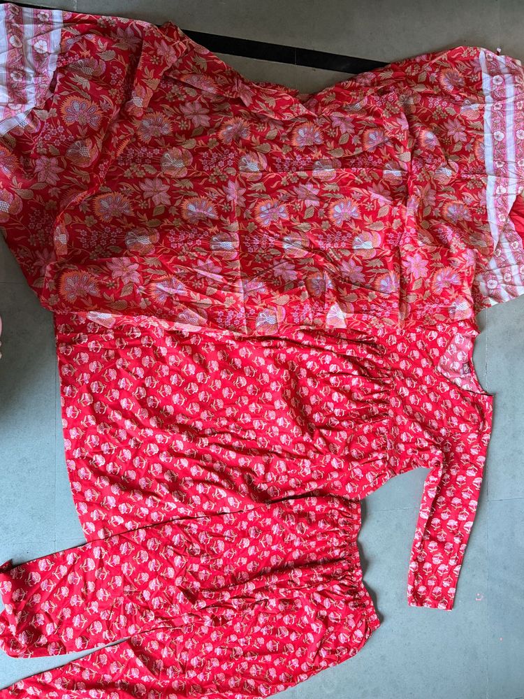 Red Floral Kurta Set with Pants and dupatta