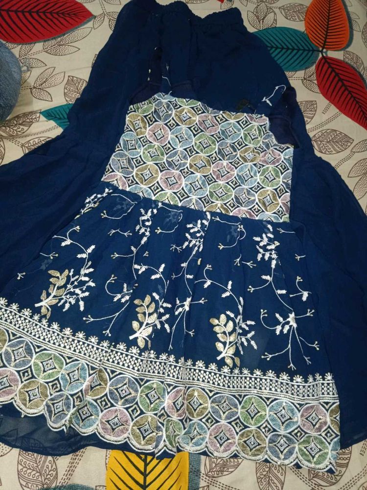 Embroidered Navy Blue shrara kurti