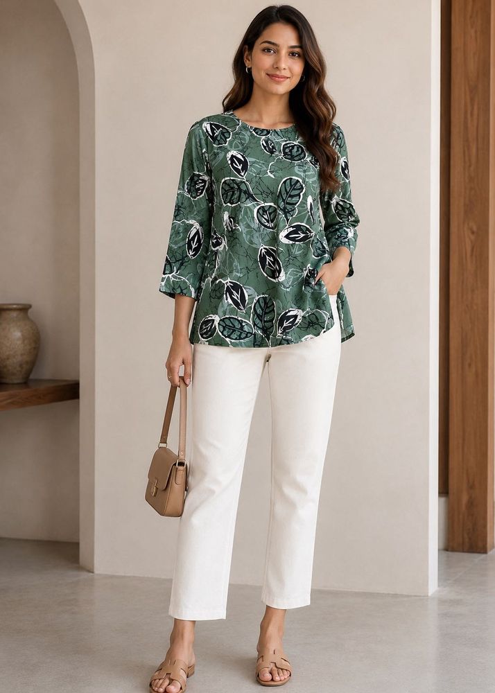 Stylish Green Leaf Print Tunic Top