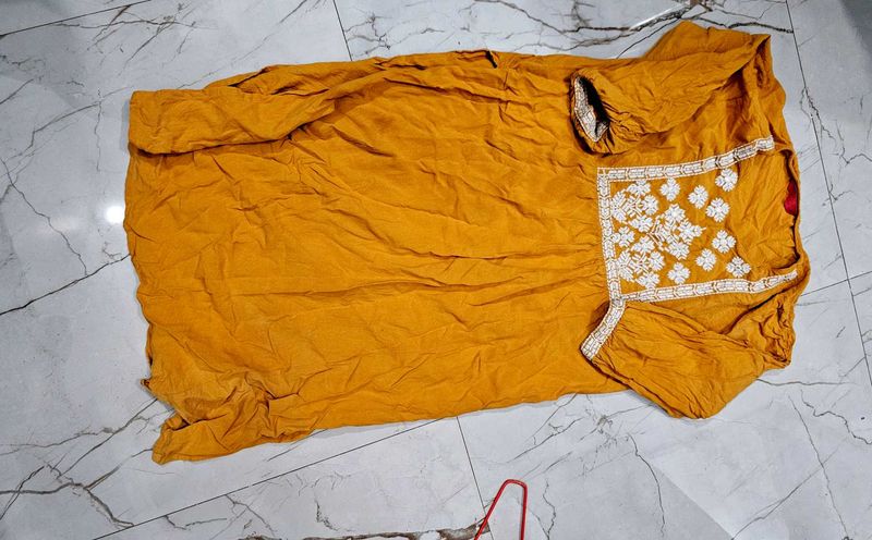Stylish Mustard Kurta with White Embroidery