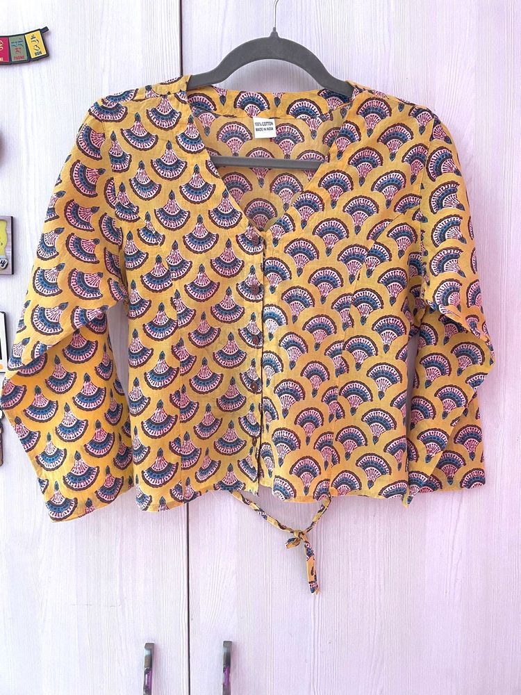 Block Printed Yellow Crop Top