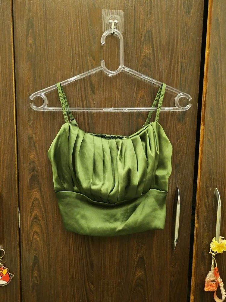 Chic Olive Green Satin Crop Top