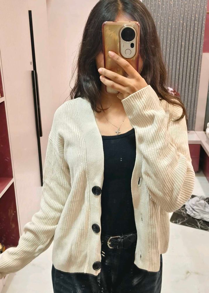 Cream Ribbed Button-Up Cardigan