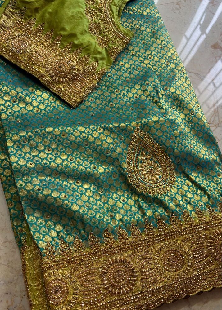 Teal &amp; Gold Embroidered Silk Saree