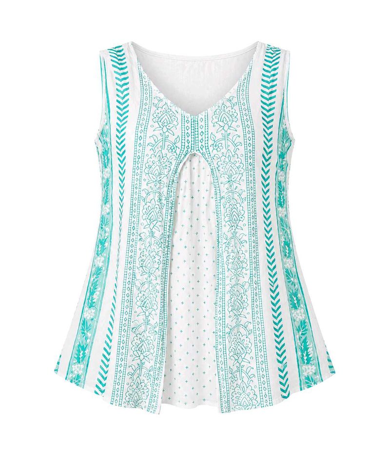 Boho Chic Sleeveless Teal Print Tunic