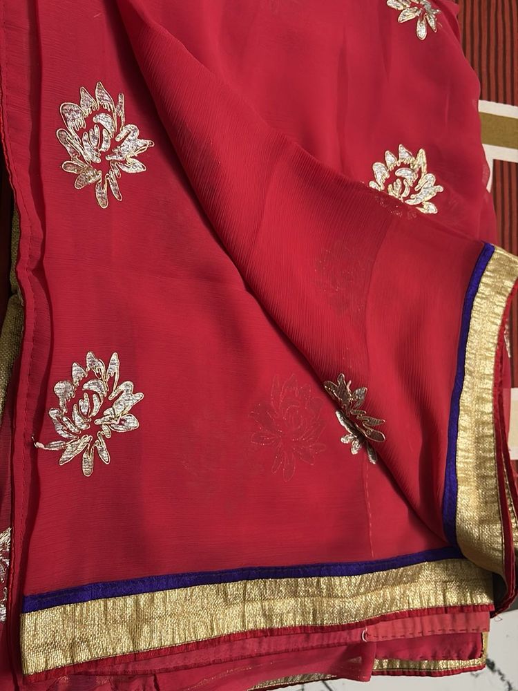 Elegant Red Lotus Embroidered Saree