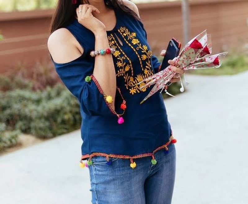 Embroidered Cold Shoulder Kurti- (S Size)